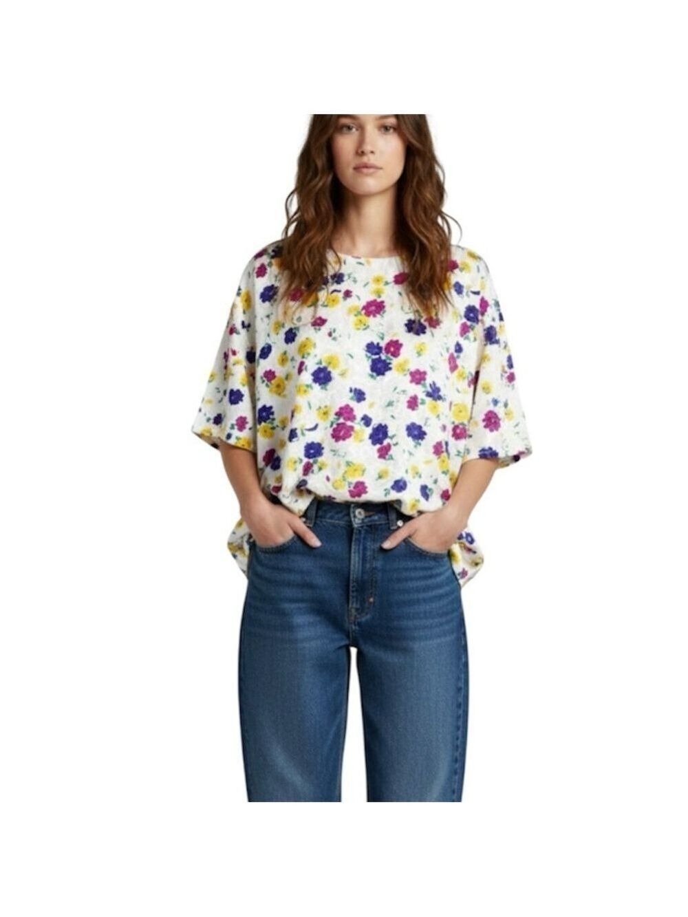 Vintage white satin damask floral print boxy short sleeve blouse
